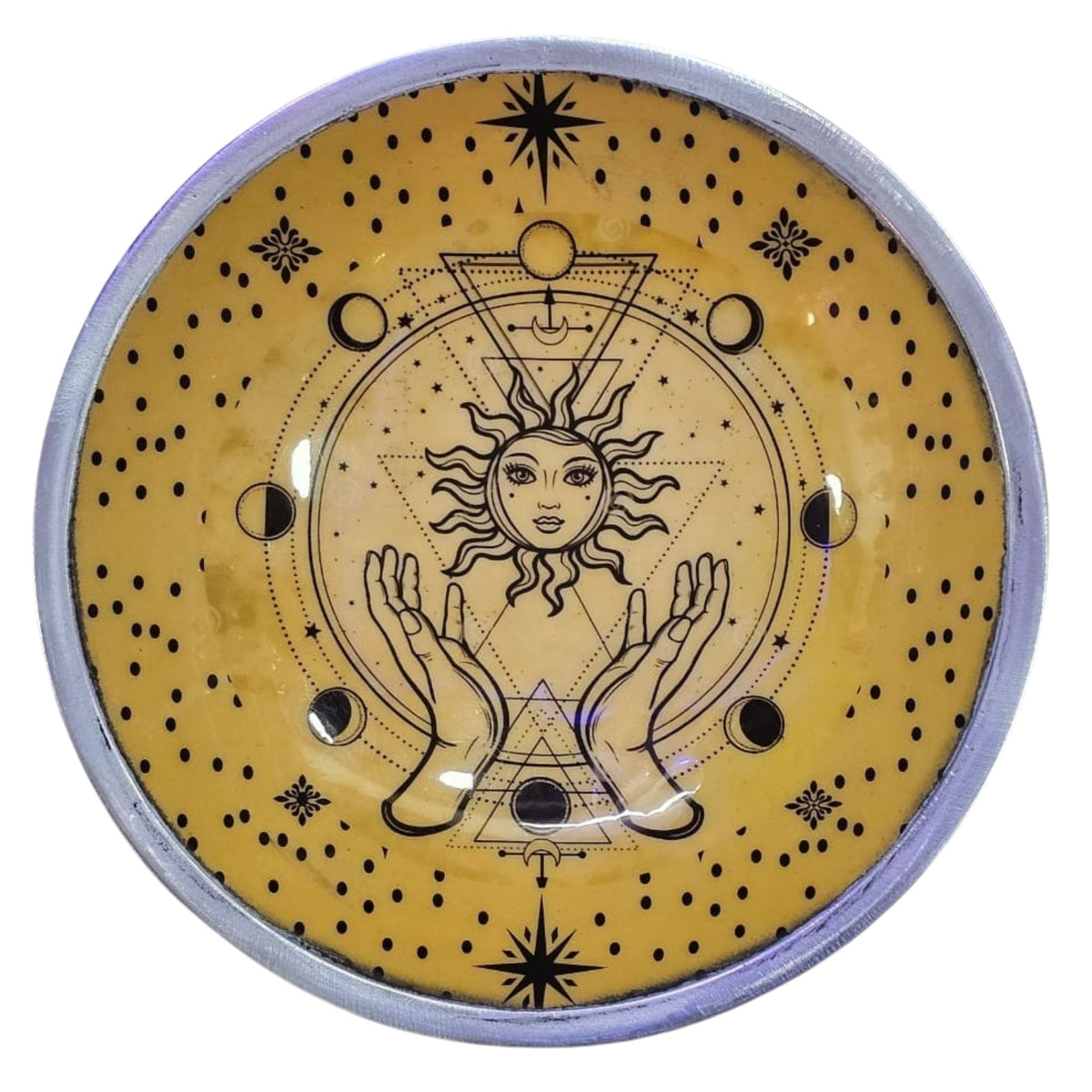 Talerz rytualny na trzech nóżkach, dłonie i słońce, emaliowany – zdjęcie 3