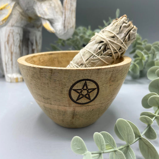 Drewniana misa rytualna na szałwię, pentagram, 12 × 7 cm – zdjęcie 2