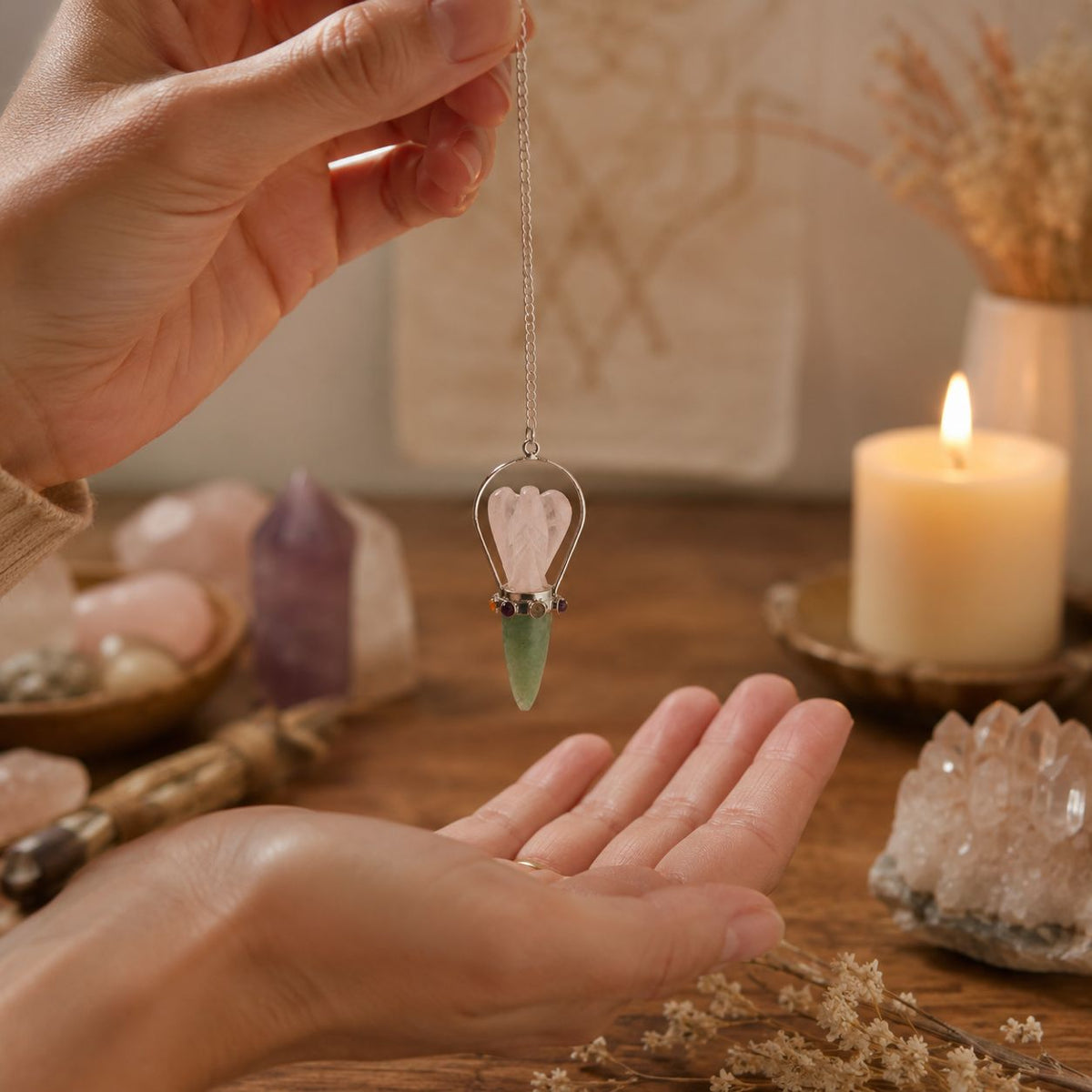Wahadło The Heart Oracle z aniołem z kwarcu różowego i zielonym awenturynem – zdjęcie 3