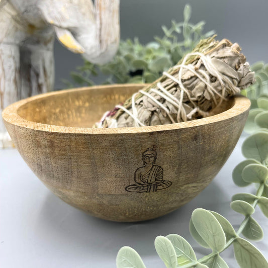 Drewniana misa rytualna na szałwię, Budda, 14 × 7 cm – zdjęcie 2
