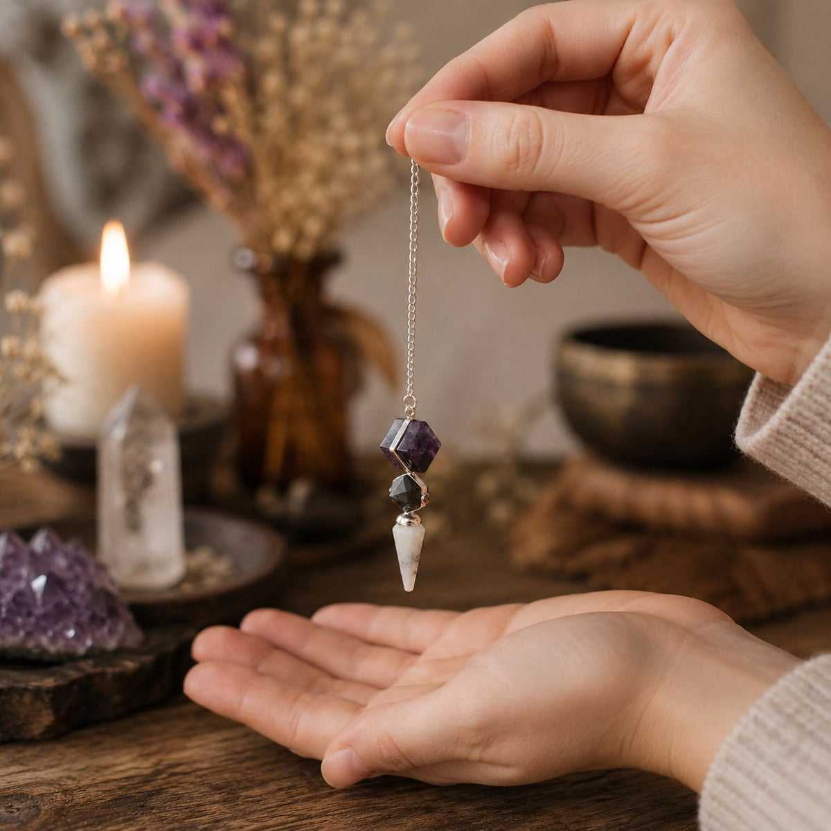 Wahadło Psychic Gateway z fluorytu wielobarwnego, labradorytu i tęczowego kamienia księżycowego – zdjęcie 3