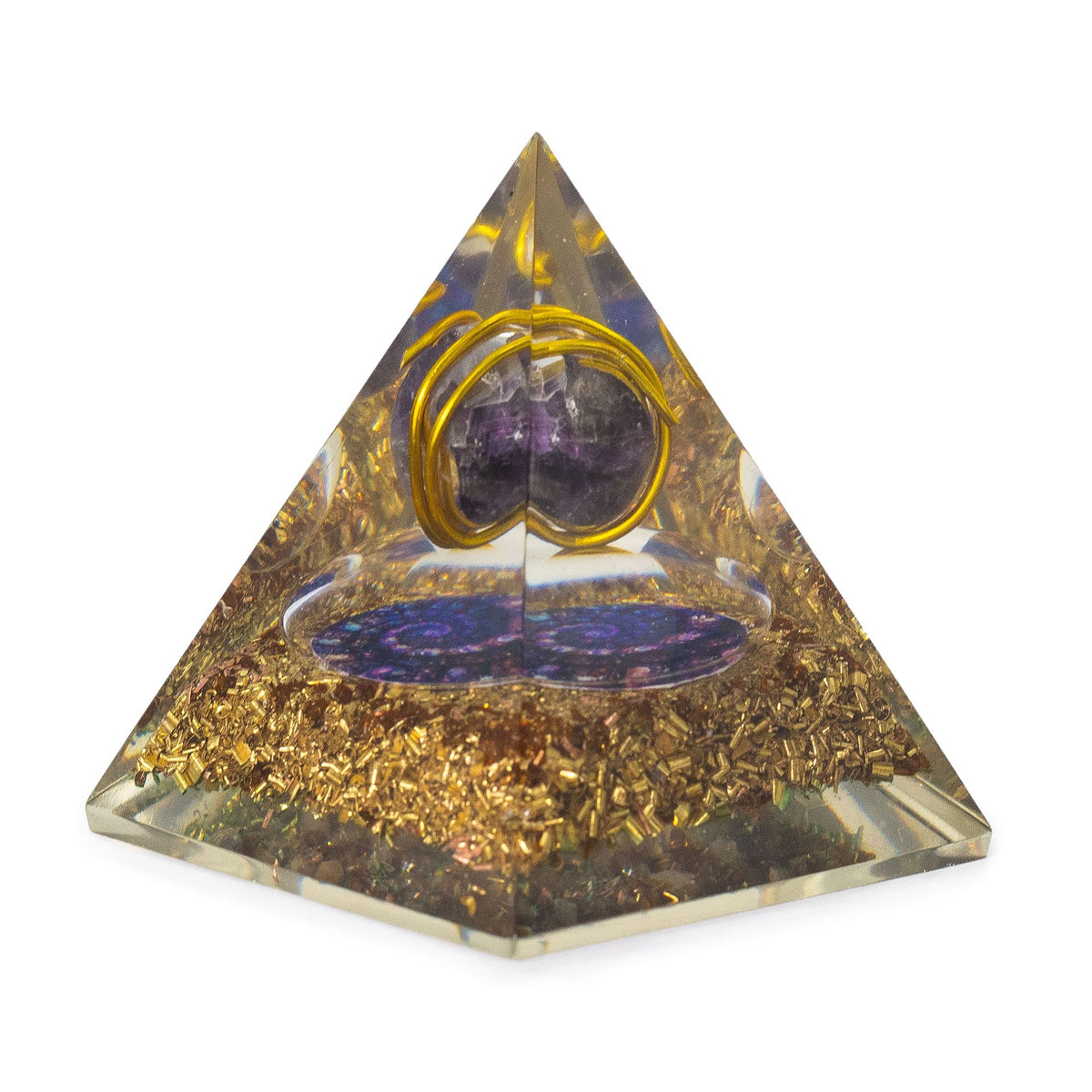 Średnia piramida z orgonitu 7 × 6 cm, owinięty ametyst, miedziane okruchy, ręcznie robiona – zdjęcie 3