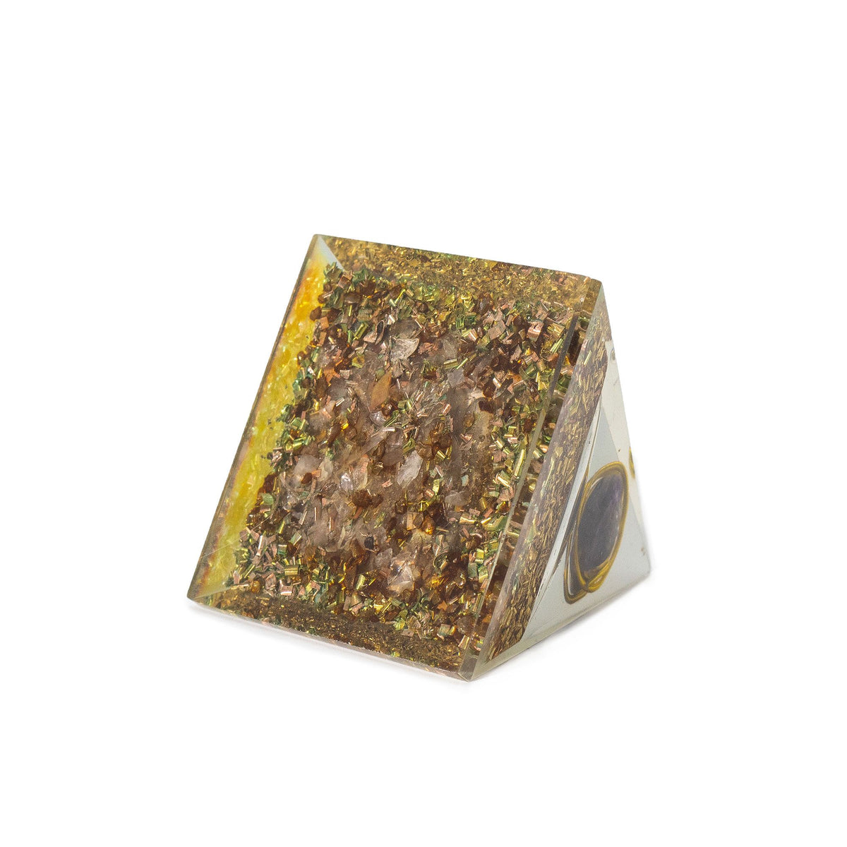 Średnia piramida z orgonitu 7 × 6 cm, owinięty ametyst, miedziane okruchy, ręcznie robiona – zdjęcie 4