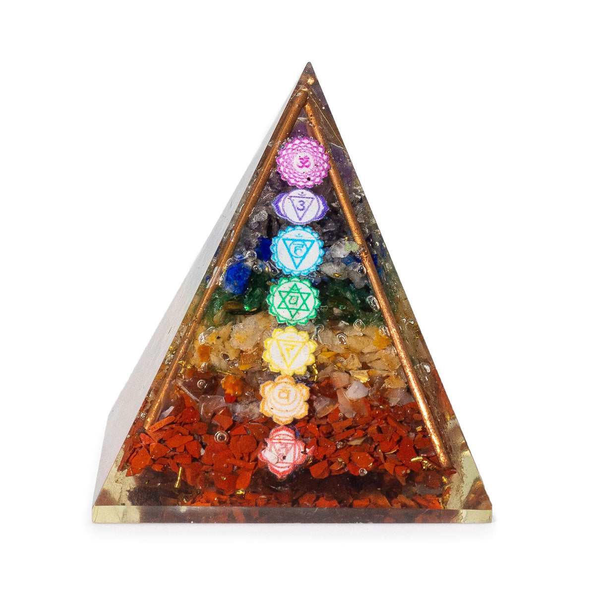 Średnia piramida z orgonitu 7 × 6 cm, miedziane pręty, okruchy siedmiu czakr, ręcznie robiona