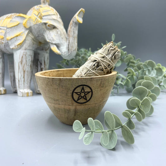 Drewniana misa rytualna na szałwię, pentagram, 12 × 7 cm