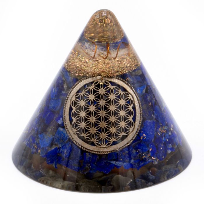 Stożek z orgonitu 90 mm, lapis lazuli, kwiat życia i zawieszony kwarc, ręcznie robiony