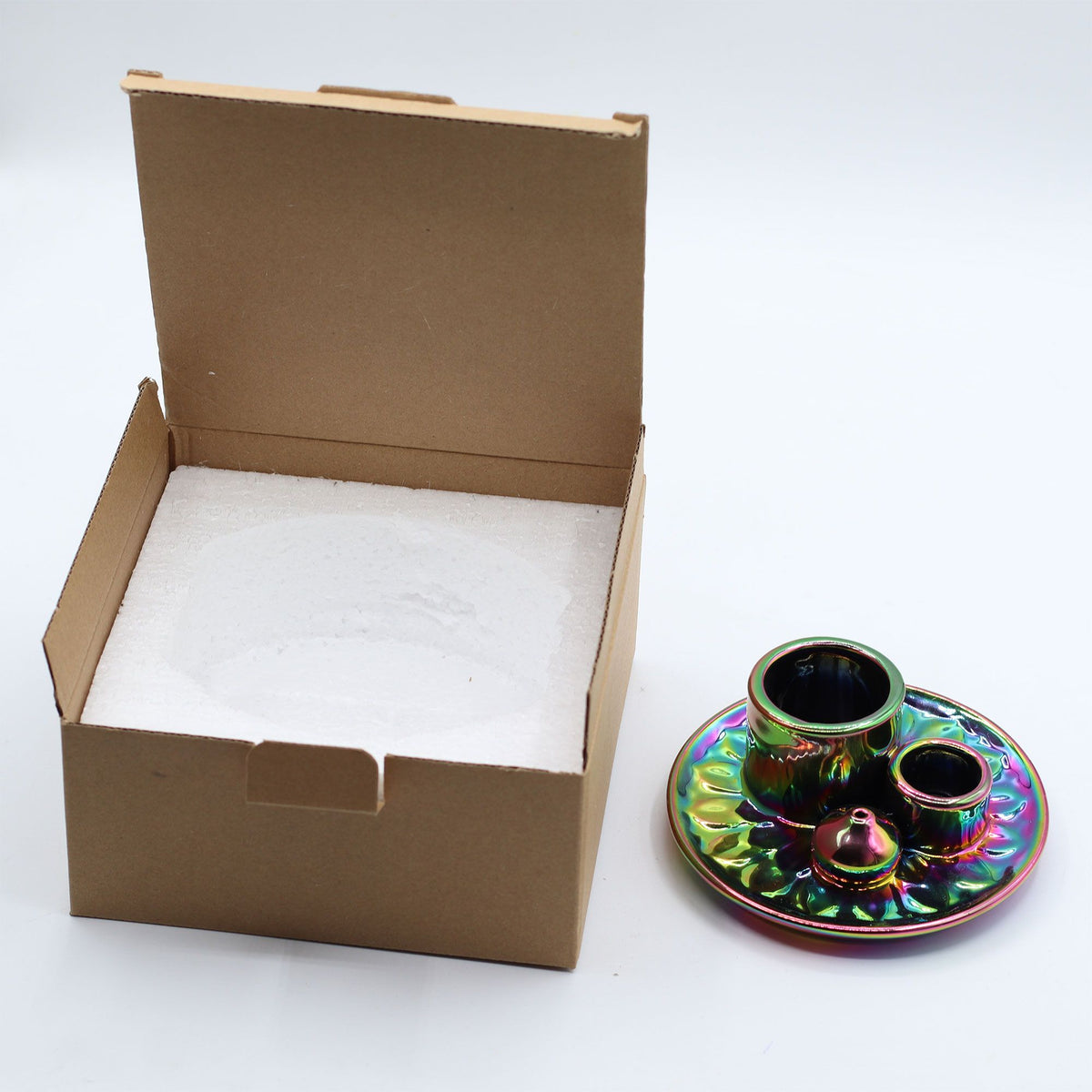 Ceramiczna podstawka na palo santo i szałwię, mandala, metaliczna tęcza – zdjęcie 5
