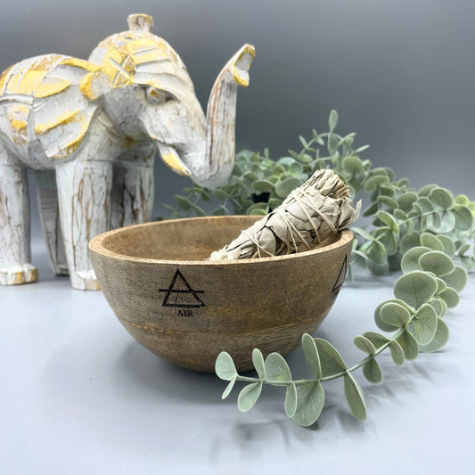 Drewniana misa rytualna na szałwię, cztery żywioły, 14 × 7 cm