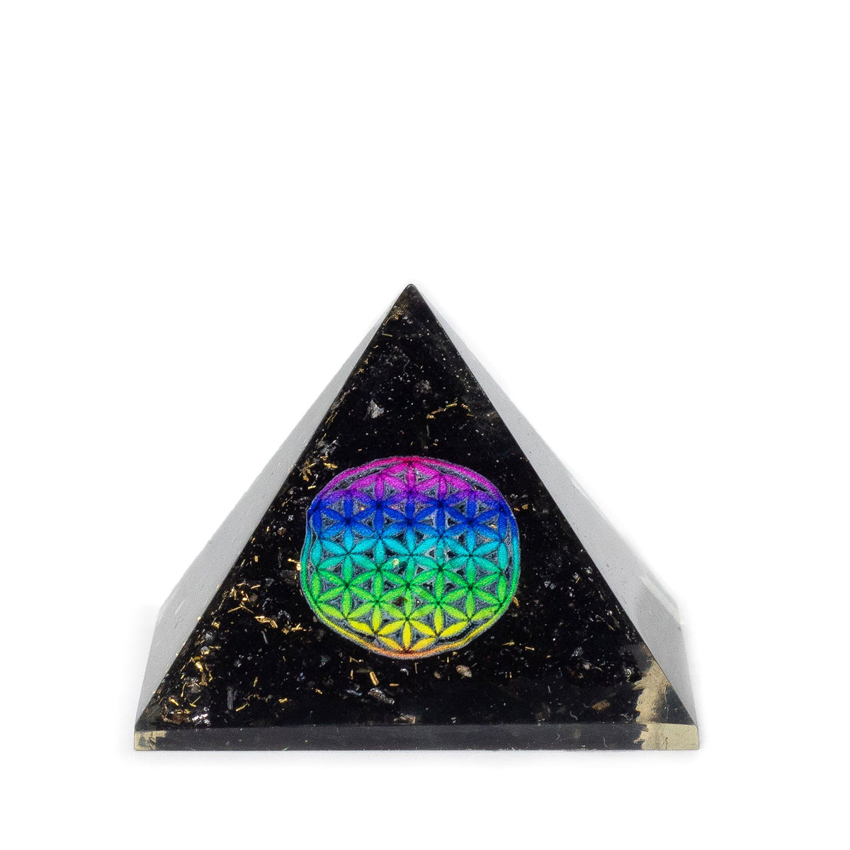 Mała piramida z orgonitu 5,5 × 4,5 cm, kwiat życia, okruchy czarnego turmalinu, ręcznie robiona