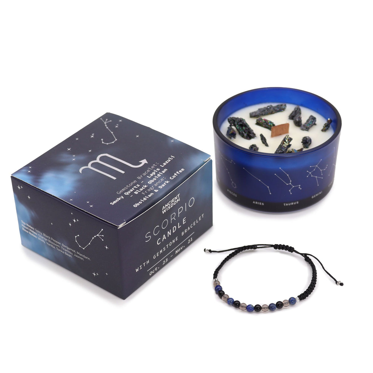 Świeca sojowa z kamieniami i bransoletką z kwarcu dymnego, lapis lazuli i obsydianu, Skorpion – zdjęcie 4