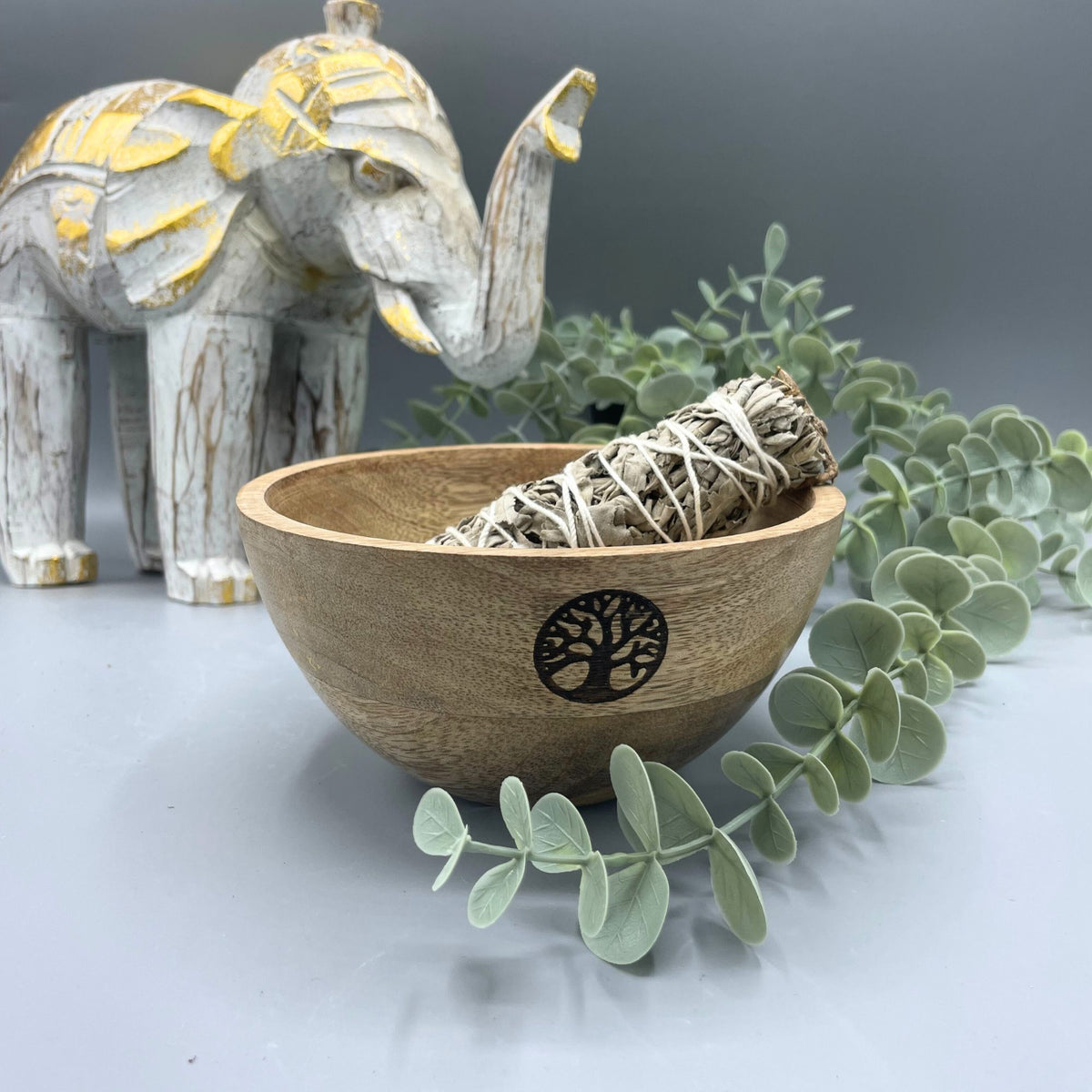 Drewniana misa rytualna na szałwię, drzewo życia, 14 × 7 cm