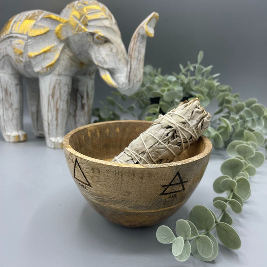 Drewniana misa rytualna na szałwię, cztery żywioły, 12 × 7 cm – zdjęcie 2