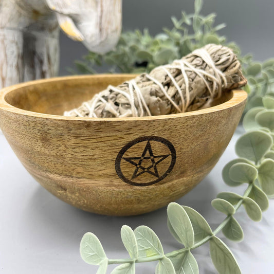 Drewniana misa rytualna na szałwię, pentagram, 14 × 7 cm – zdjęcie 2