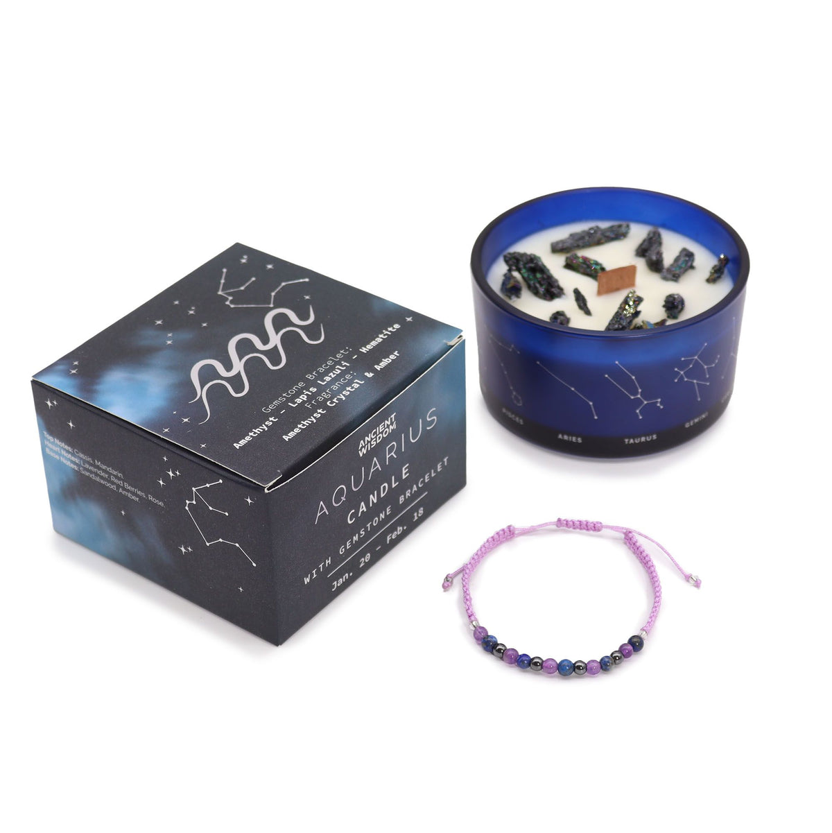 Świeca sojowa z kamieniami i bransoletką z ametystu, lapis lazuli i hematytu, Wodnik – zdjęcie 6