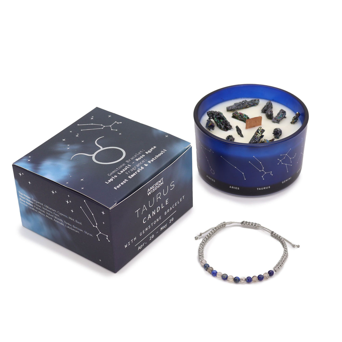 Świeca sojowa z kamieniami i bransoletką z lapis lazuli i agatu mszystego, Byk – zdjęcie 4