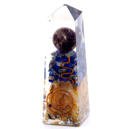 Obelisk z orgonitu 90 × 25 mm, miedź, lapis lazuli i żółty awenturyn, ręcznie robiony