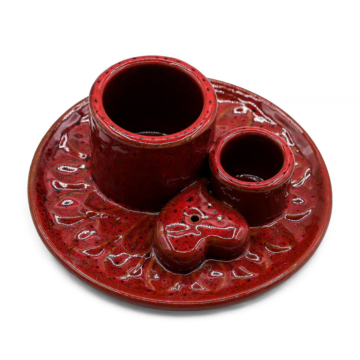 Ceramiczna podstawka na palo santo i szałwię, mandala, czerwona z sercem