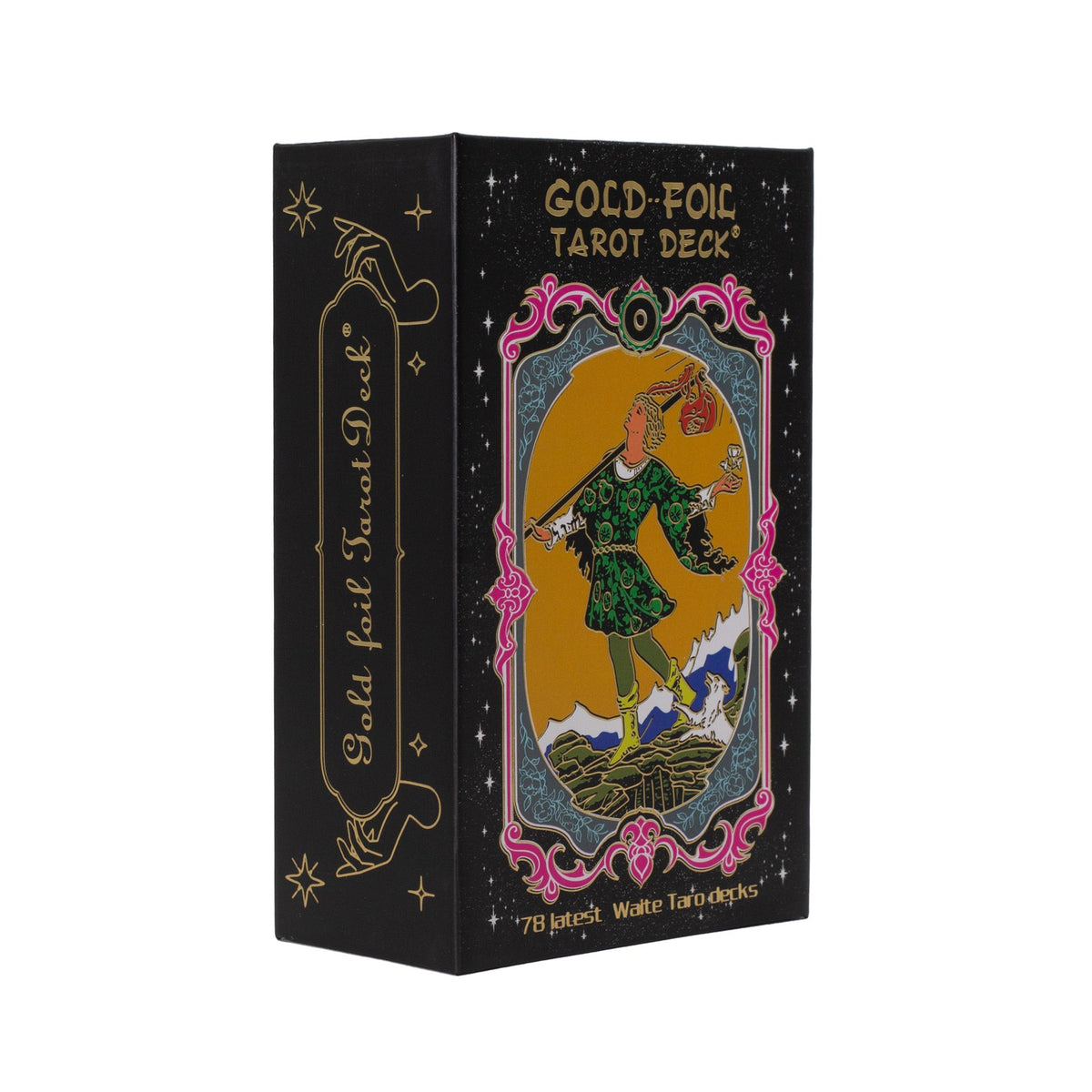 Złoty tarot: talia kart tarota ze złotą folią na czarnym tle, z książeczką – zdjęcie 3