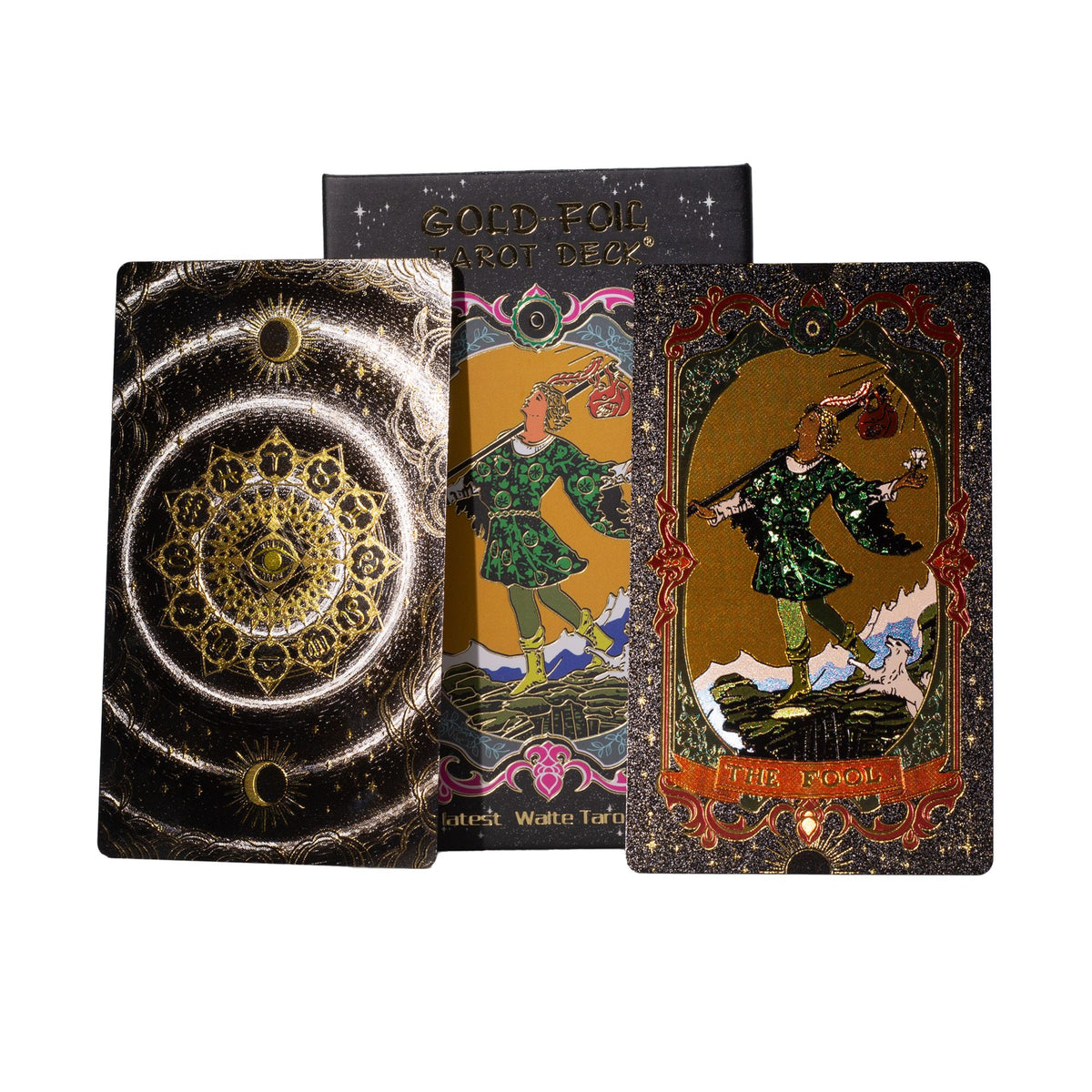 Złoty tarot: talia kart tarota ze złotą folią na czarnym tle, z książeczką – zdjęcie 5