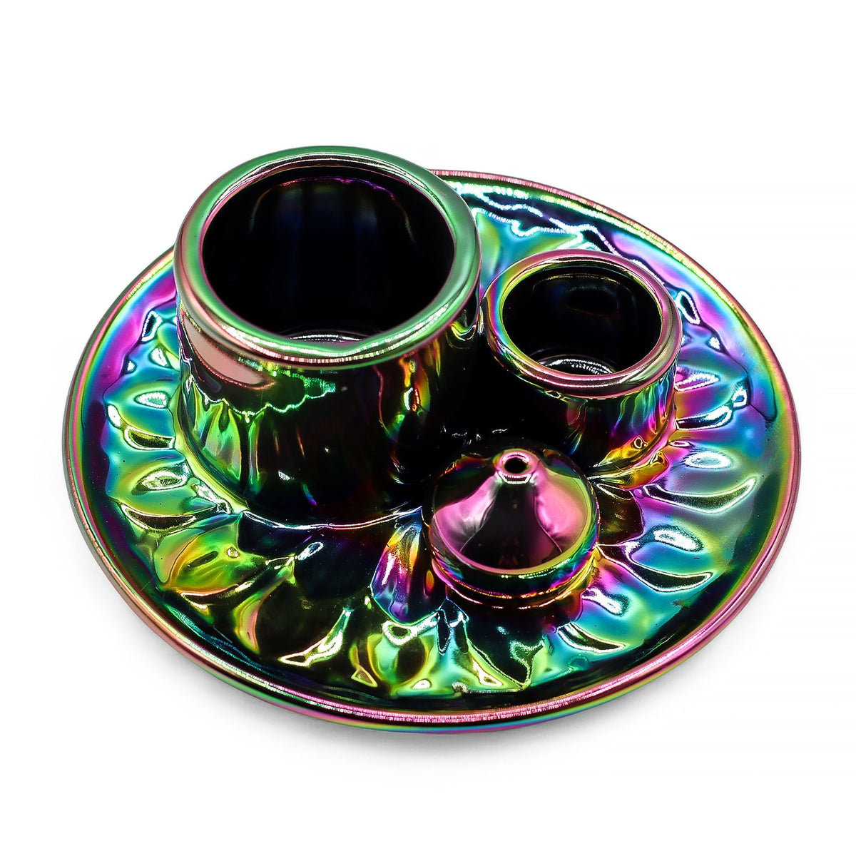 Ceramiczna podstawka na palo santo i szałwię, mandala, metaliczna tęcza