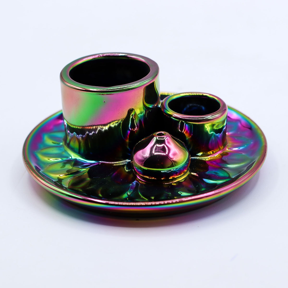 Ceramiczna podstawka na palo santo i szałwię, mandala, metaliczna tęcza – zdjęcie 10