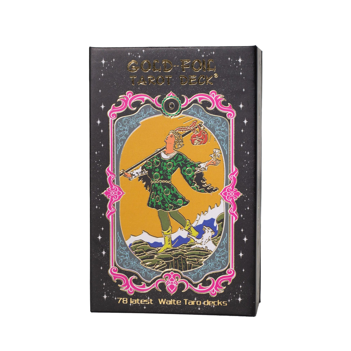 Złoty tarot: talia kart tarota ze złotą folią na czarnym tle, z książeczką