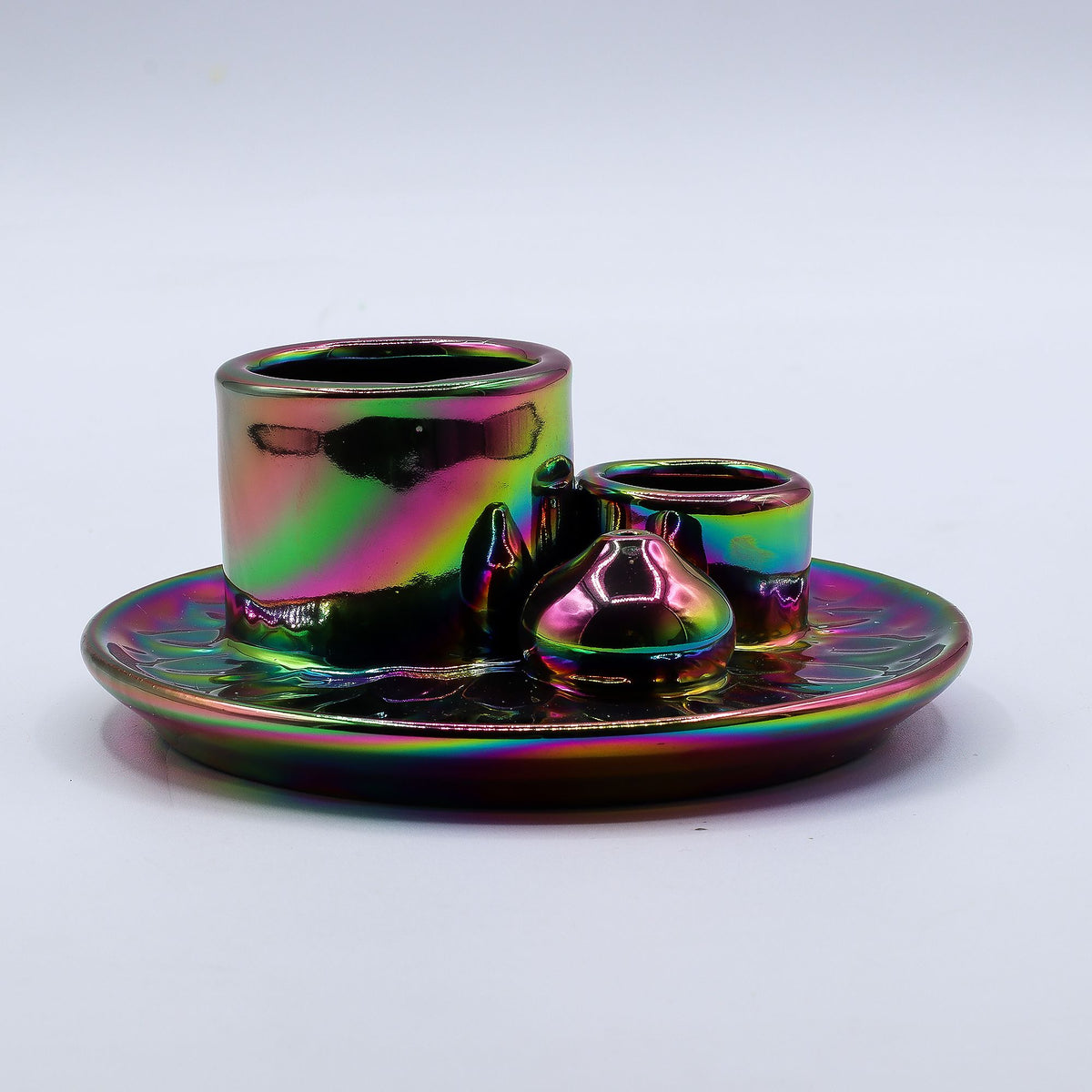 Ceramiczna podstawka na palo santo i szałwię, mandala, metaliczna tęcza – zdjęcie 4